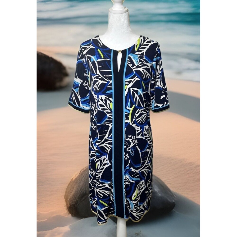 R&K Multicolor Floral Beaded Keyhole Half Sleeves Knee Length Shift Dress Sz 10
